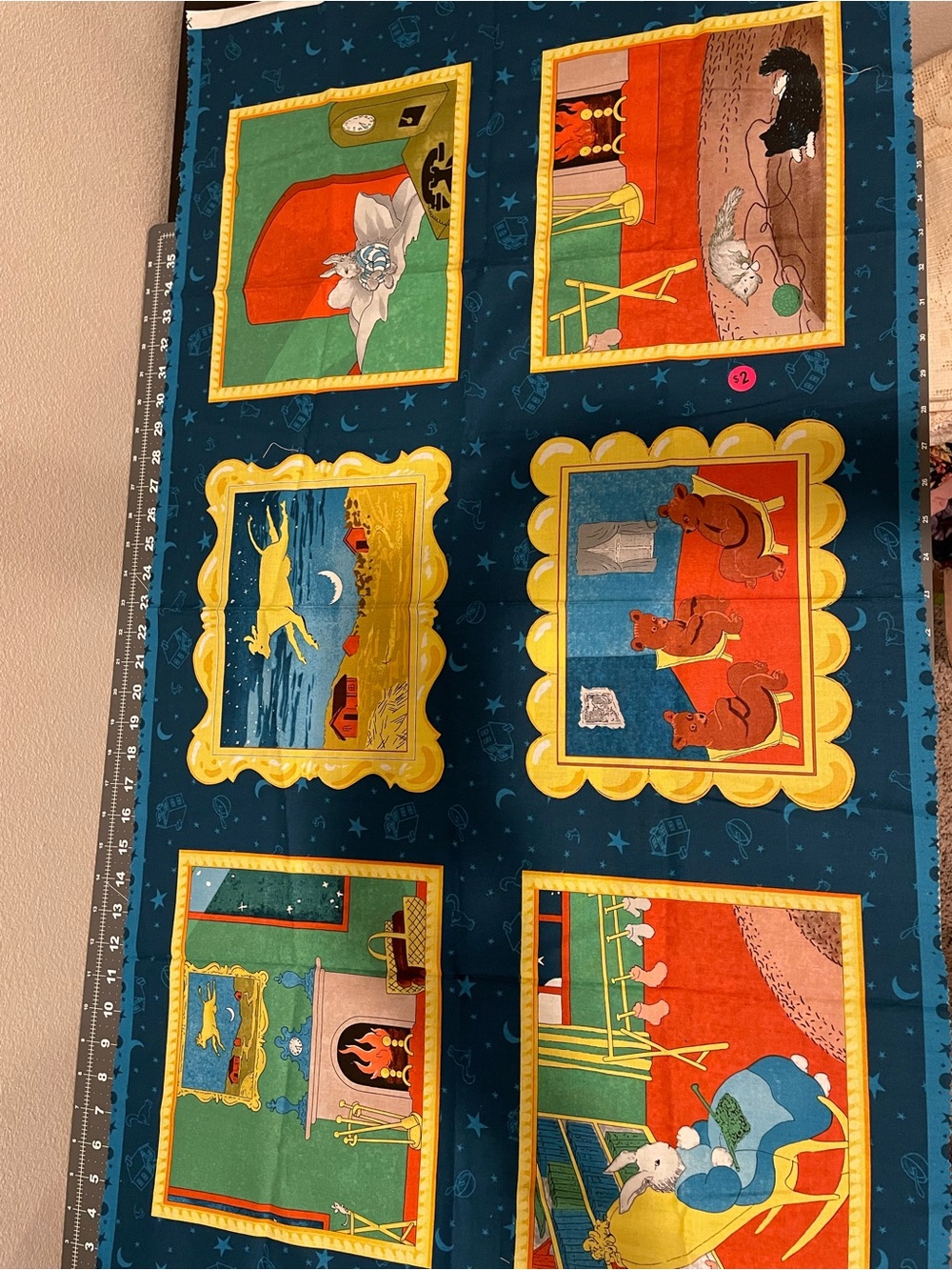 Licensed “Goodnight Moon” Fabric Panel Navy Blue with Red & Green Scenes